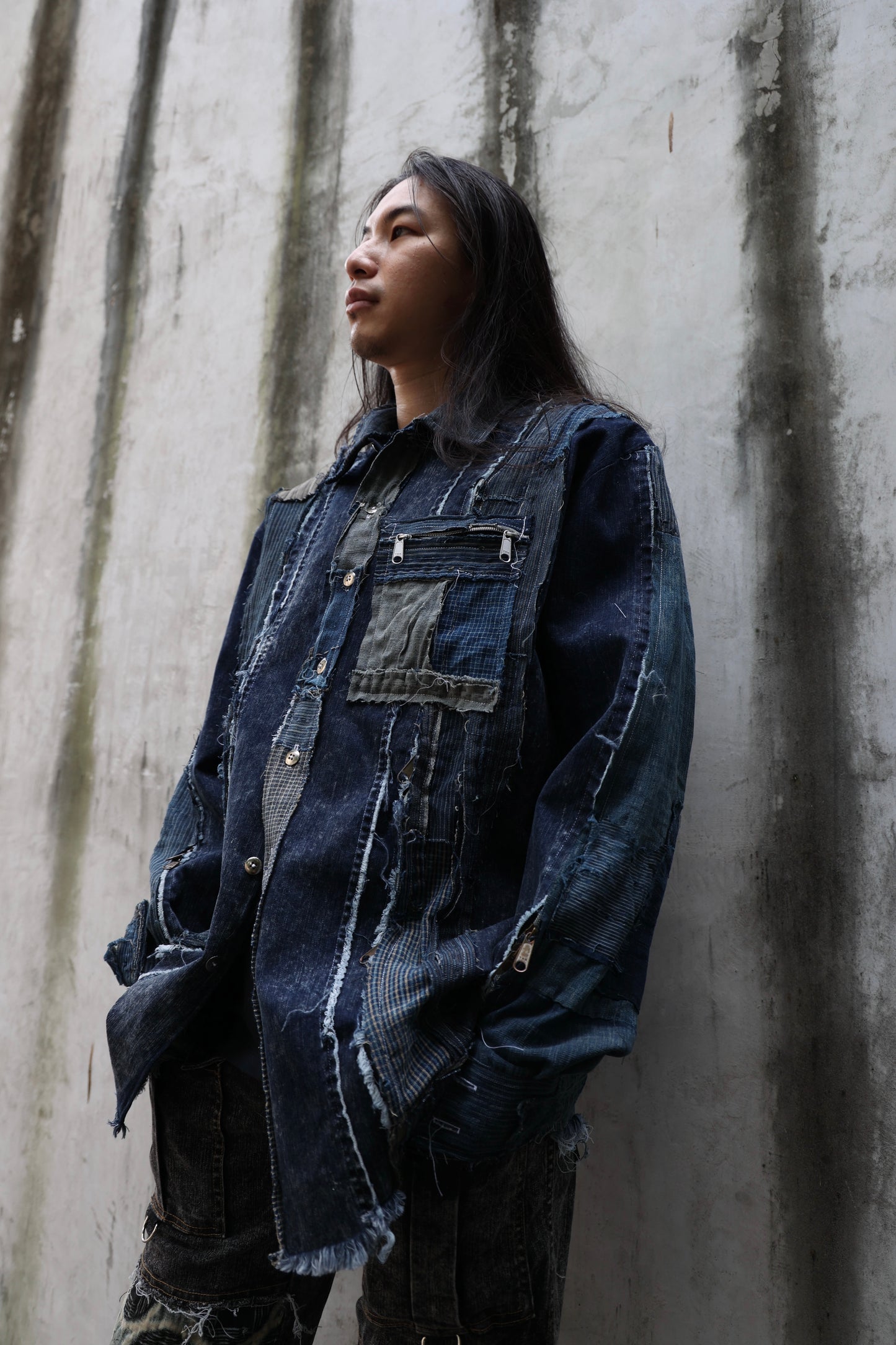 Washed denim shirt assembly with Boro vintage japan fabric