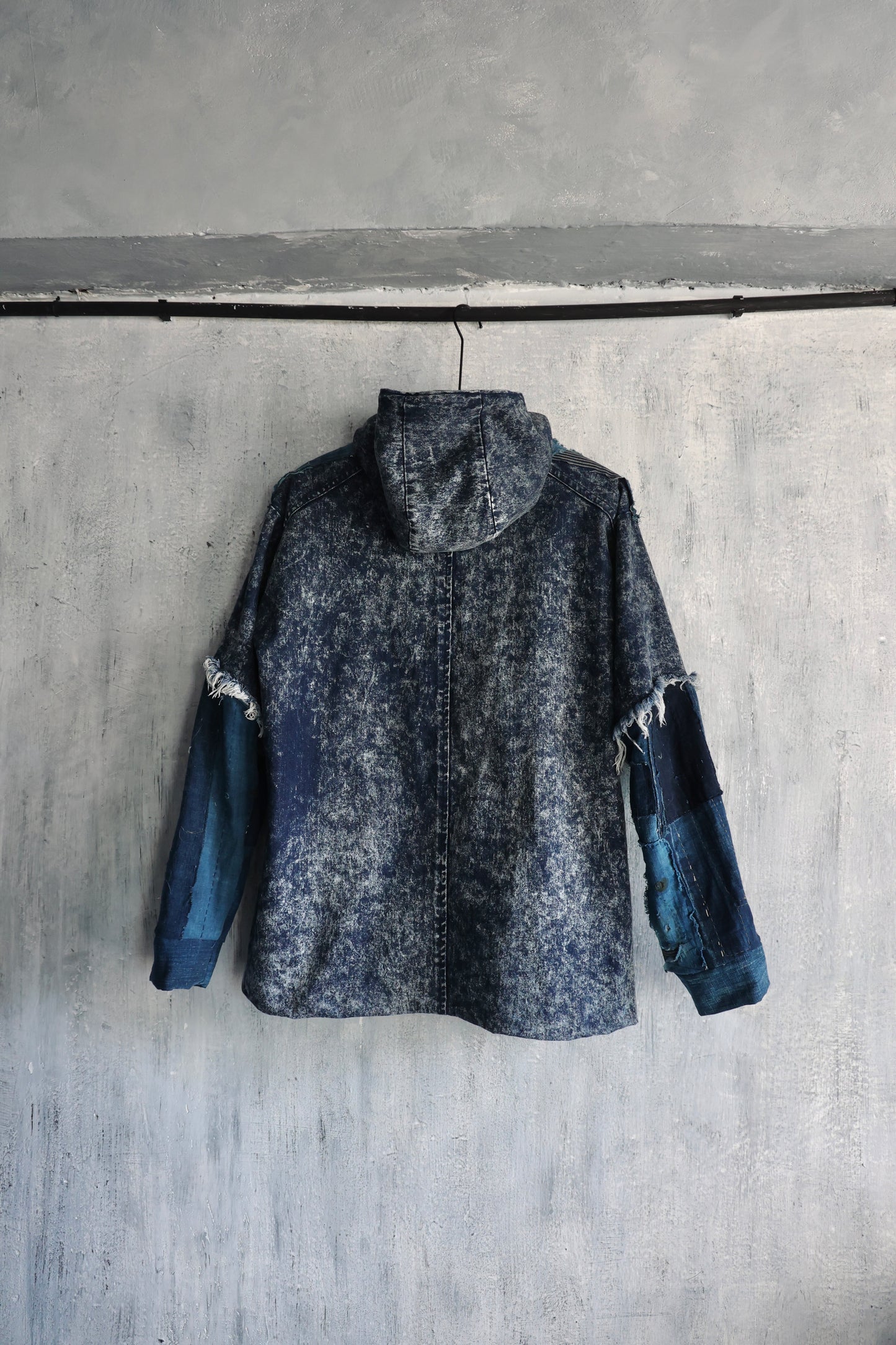 Washed denim hoodie hand stitched with Boro