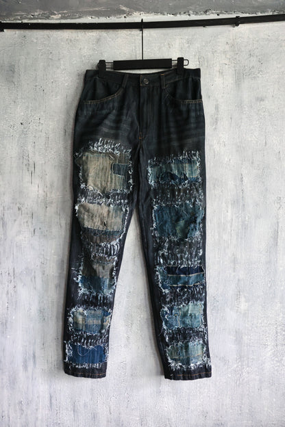 Heavy washed destroyed Boro patched denim pants