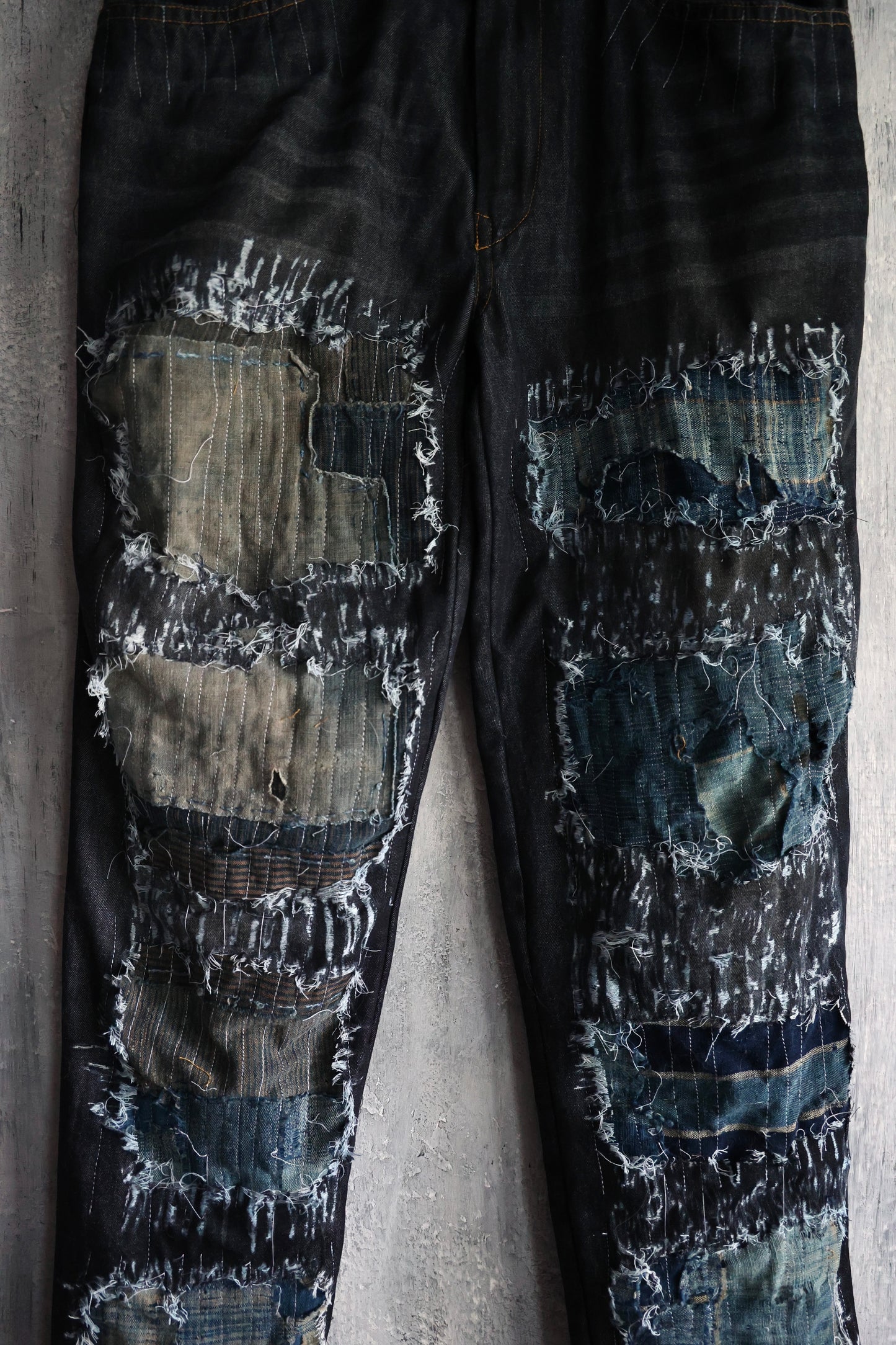 Heavy washed destroyed Boro patched denim pants