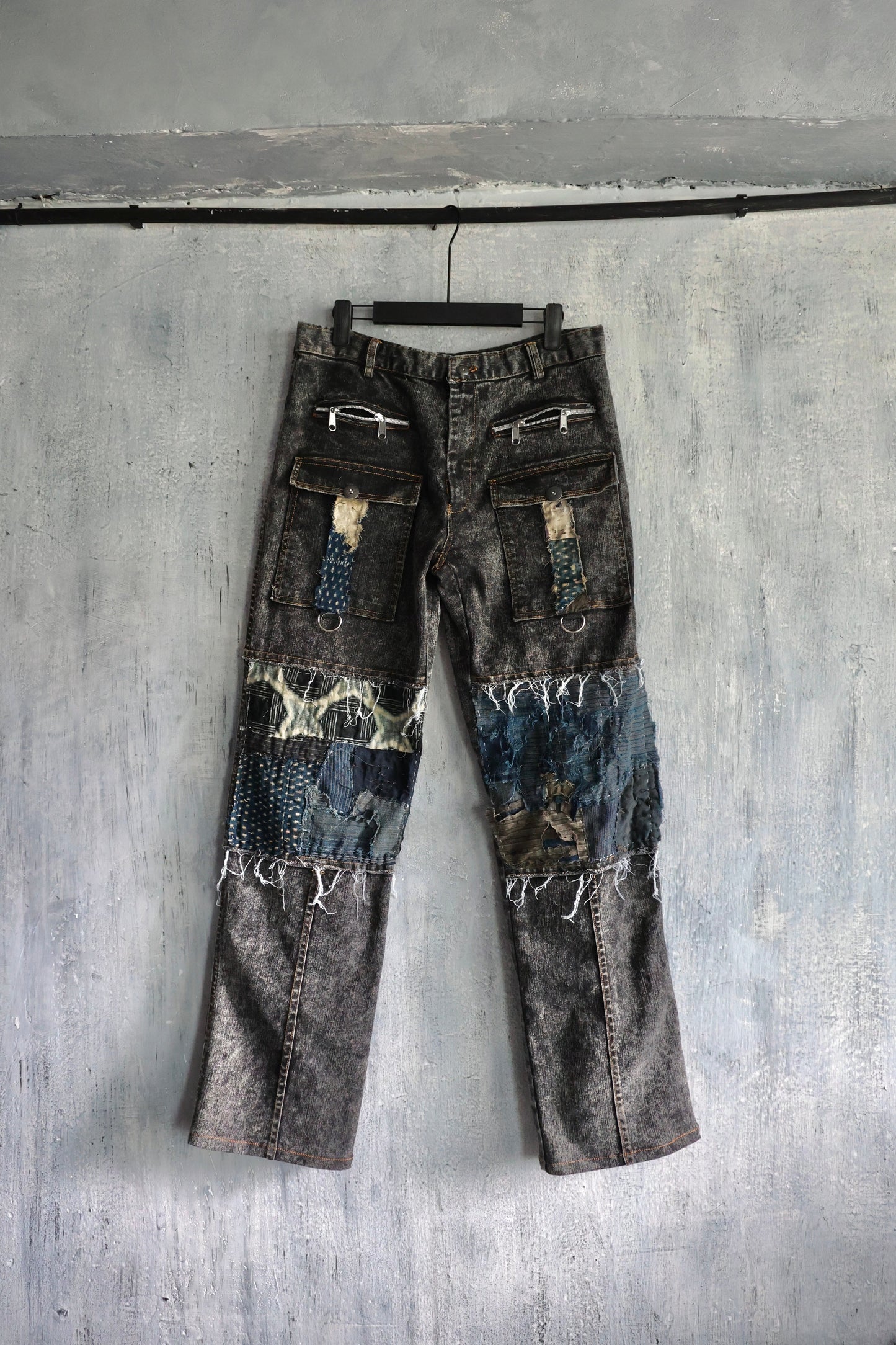 Washed denim cargo pants hand stitched with Boro