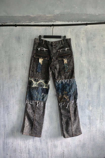 Washed denim cargo pants hand stitched with Boro