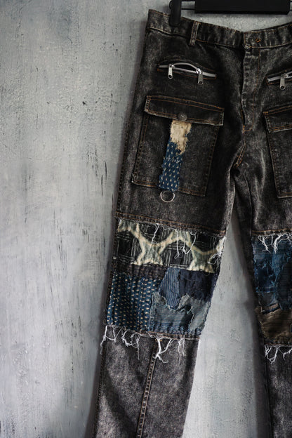 Washed denim cargo pants hand stitched with Boro