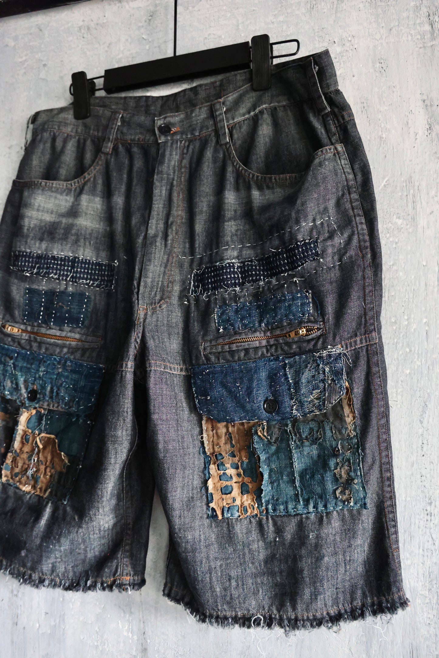 black denim Boro short pants