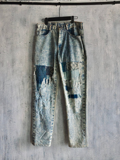 Boro Stone Washed Denim Trousers Handstitched