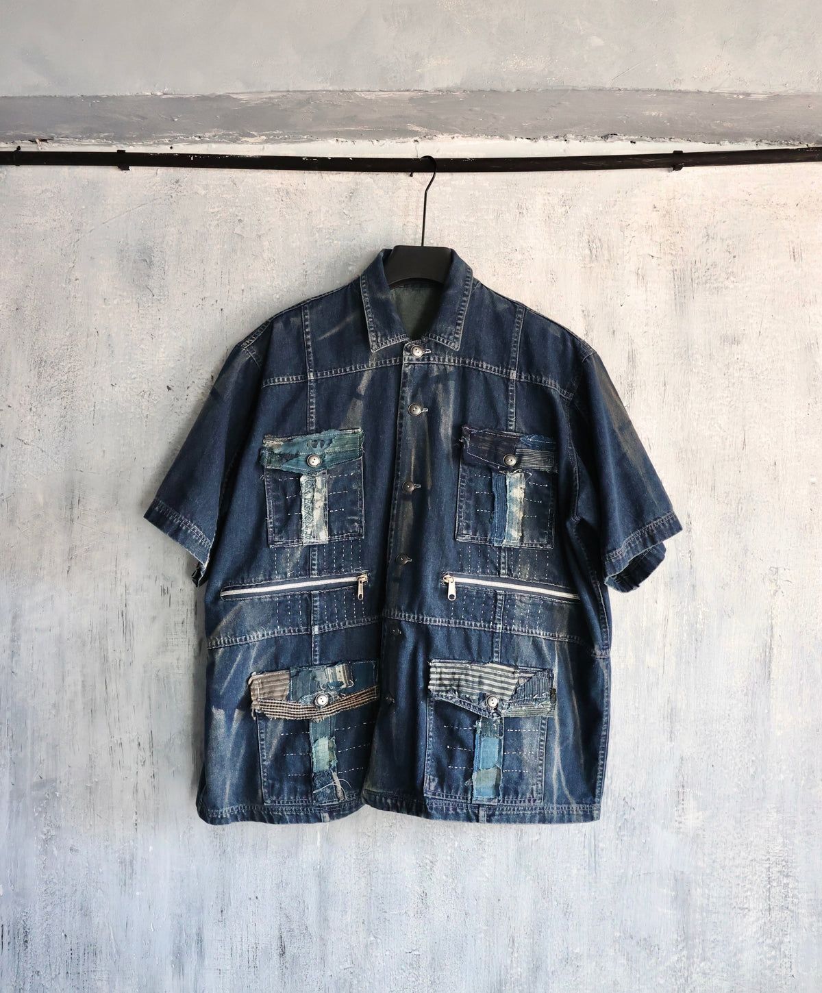 made to order- BORO patched with stoned washed denim shirt