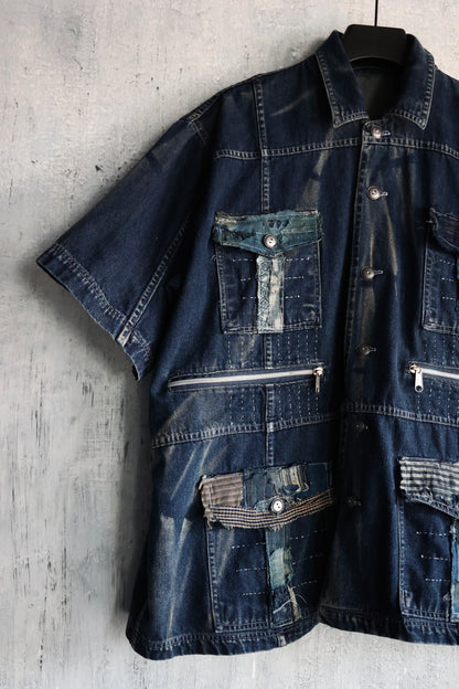 made to order- BORO patched with stoned washed denim shirt
