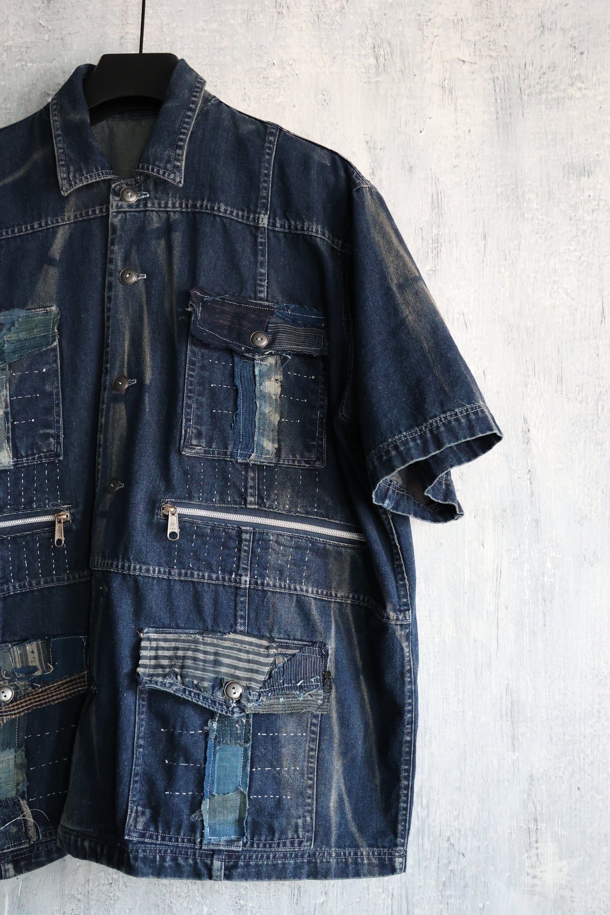 made to order- BORO patched with stoned washed denim shirt