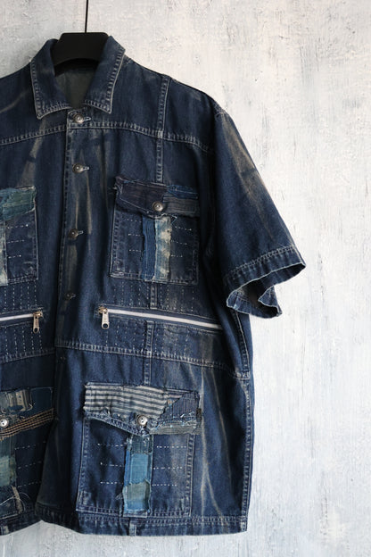 made to order- BORO patched with stoned washed denim shirt