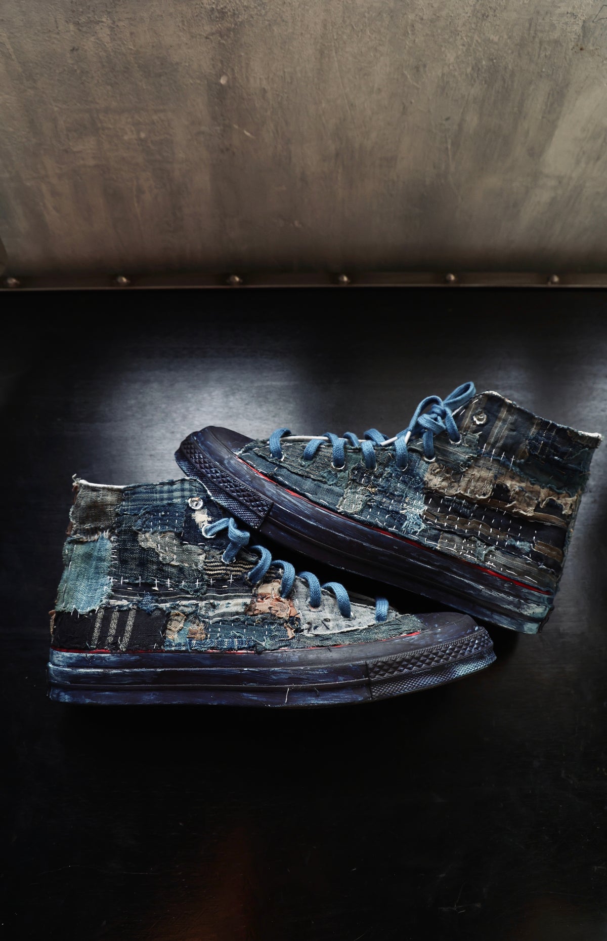 made to order- remakes converse with BORO hand-stitched and hand dyed in indigo colour