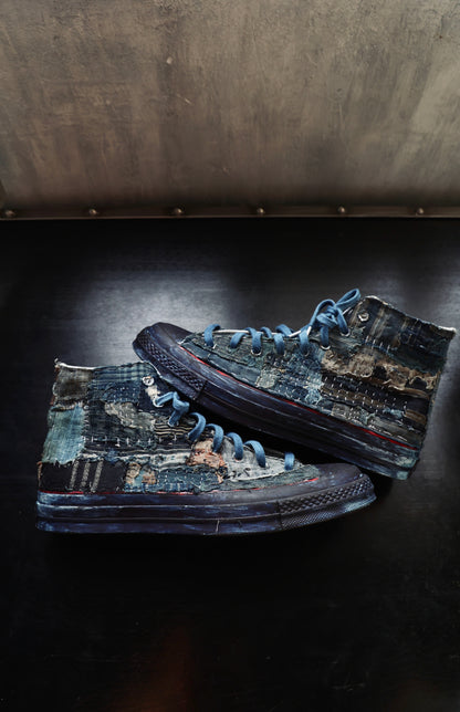 made to order- remakes converse with BORO hand-stitched and hand dyed in indigo colour
