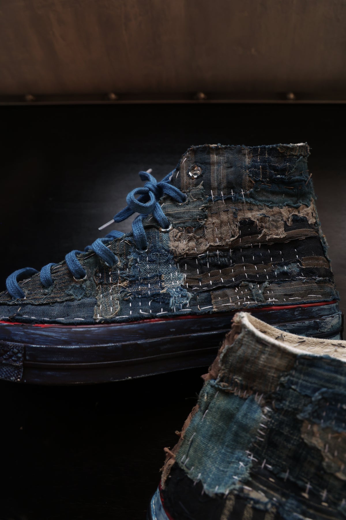 made to order- remakes converse with BORO hand-stitched and hand dyed in indigo colour