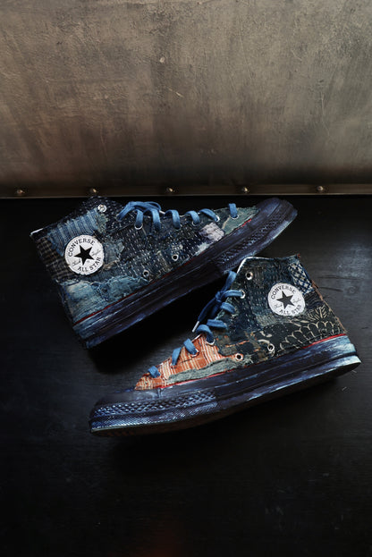 made to order- remakes converse with BORO hand-stitched and hand dyed in indigo colour