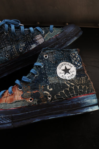 made to order- remakes converse with BORO hand-stitched and hand dyed in indigo colour