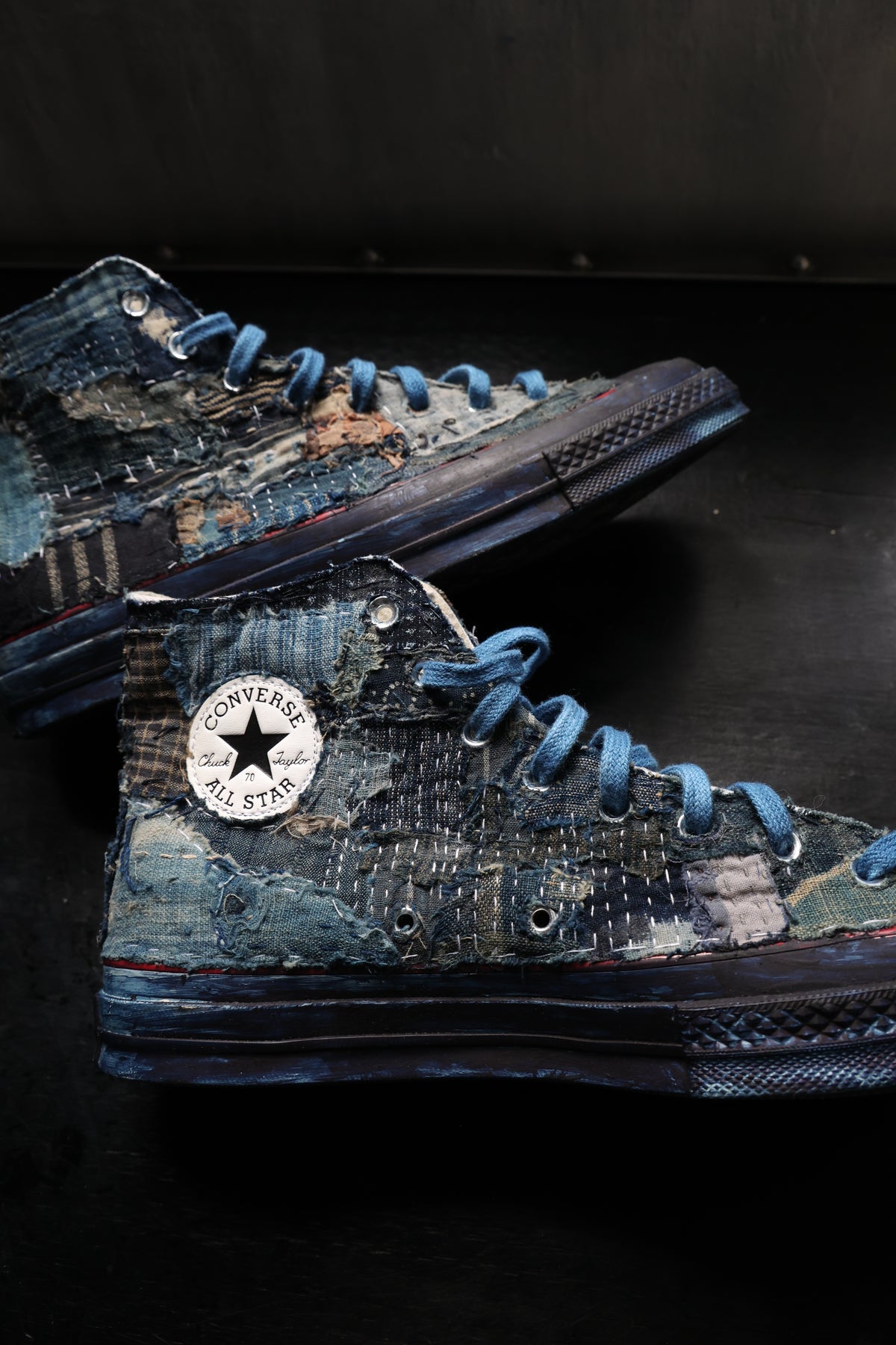 made to order- remakes converse with BORO hand-stitched and hand dyed in indigo colour