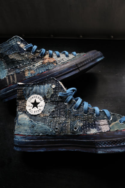 made to order- remakes converse with BORO hand-stitched and hand dyed in indigo colour