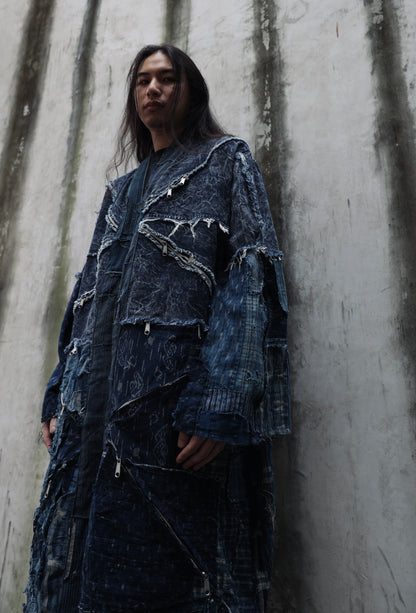 heavy washed zip up long denim kimono combined with Boro vintage japan fabric