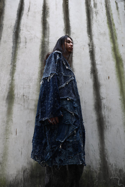 heavy washed zip up long denim kimono combined with Boro vintage japan fabric