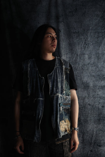 washed denim vest hand stitched with Boro the vintage japan textiles