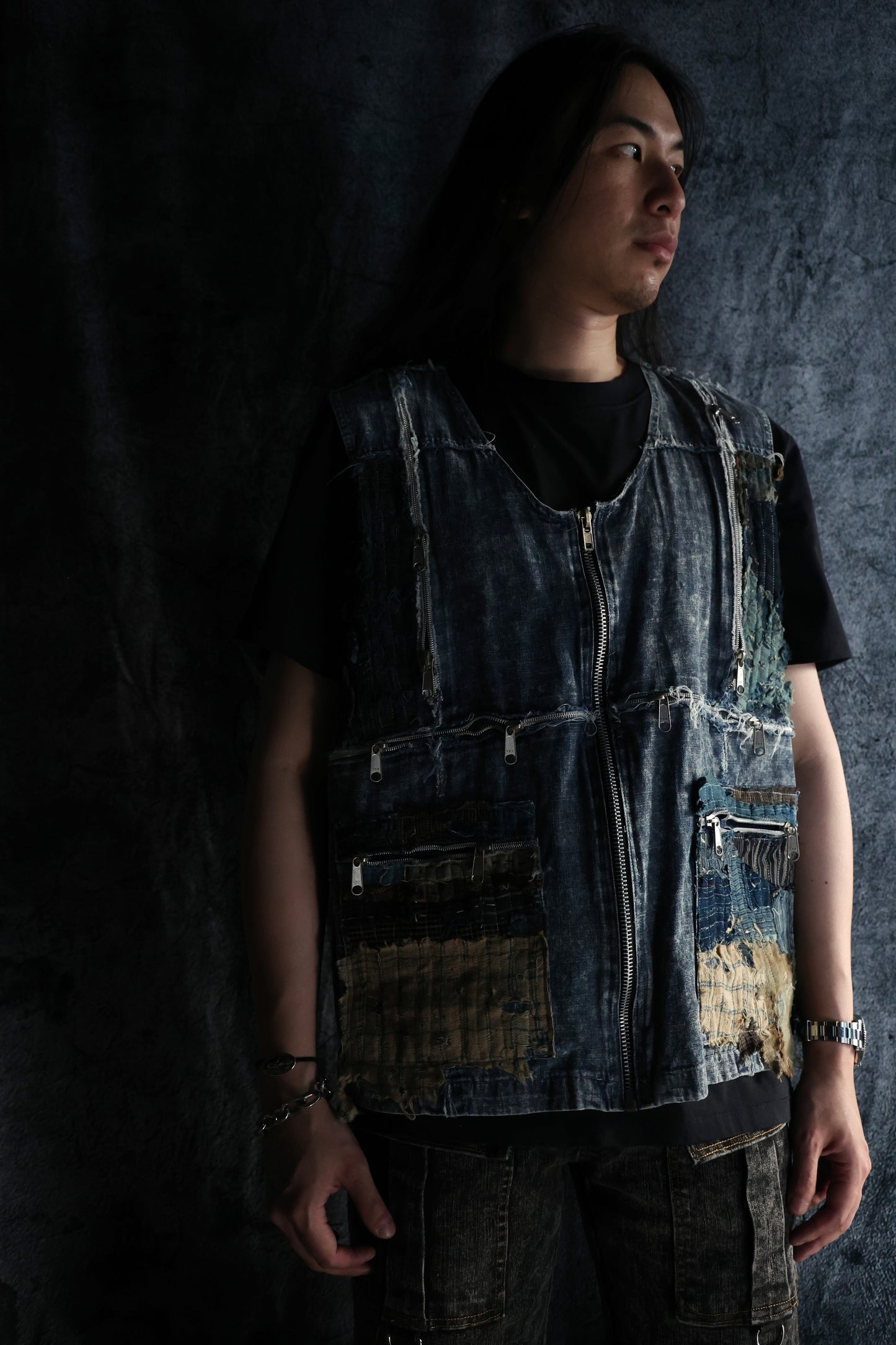 washed denim vest hand stitched with Boro the vintage japan textiles