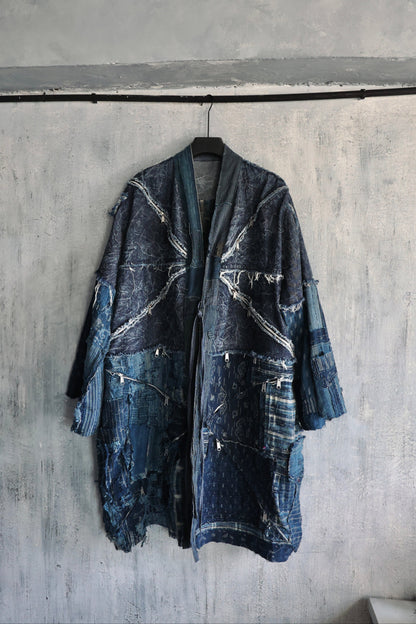 heavy washed zip up long denim kimono combined with Boro vintage japan fabric