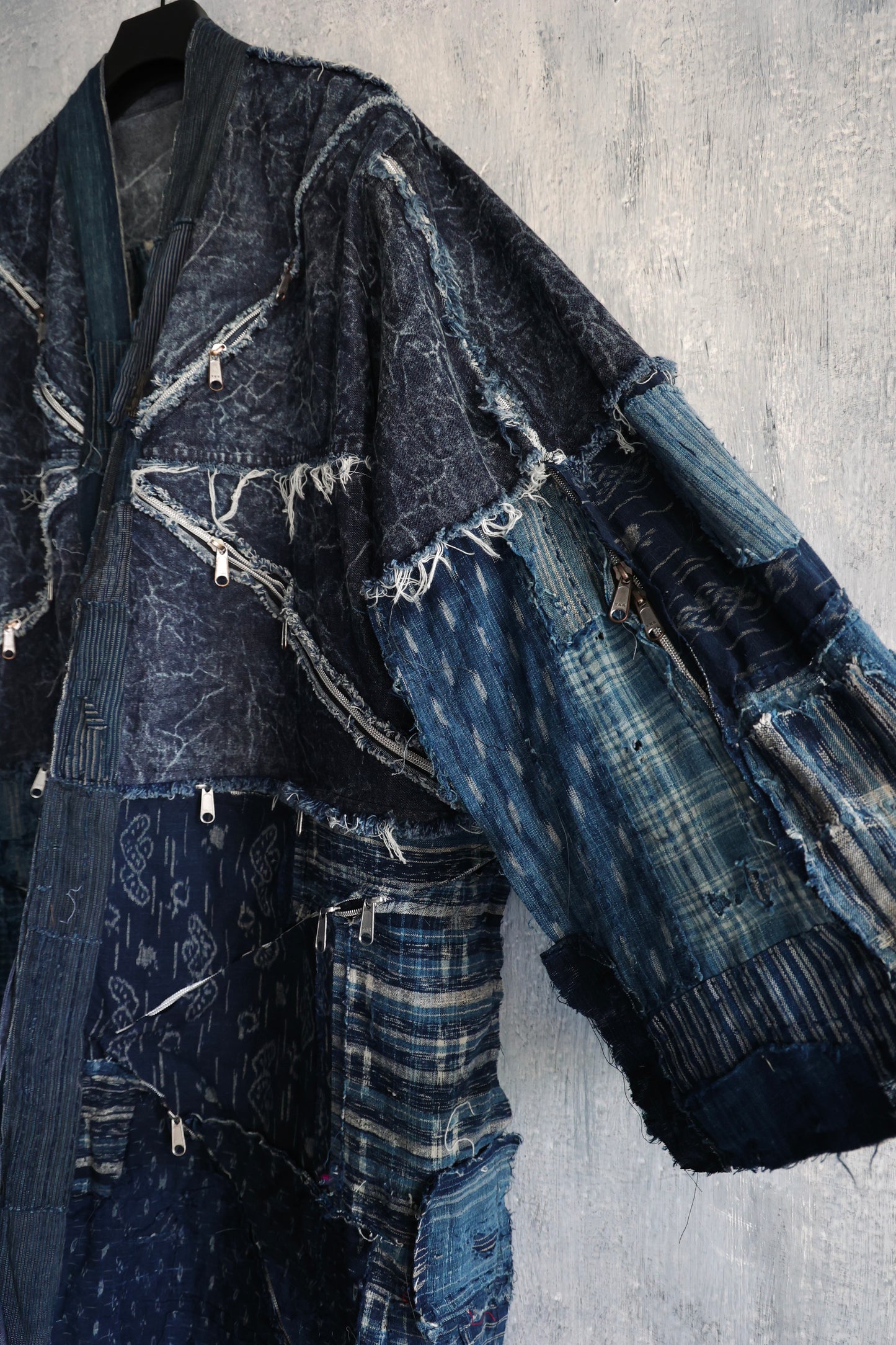 heavy washed zip up long denim kimono combined with Boro vintage japan fabric