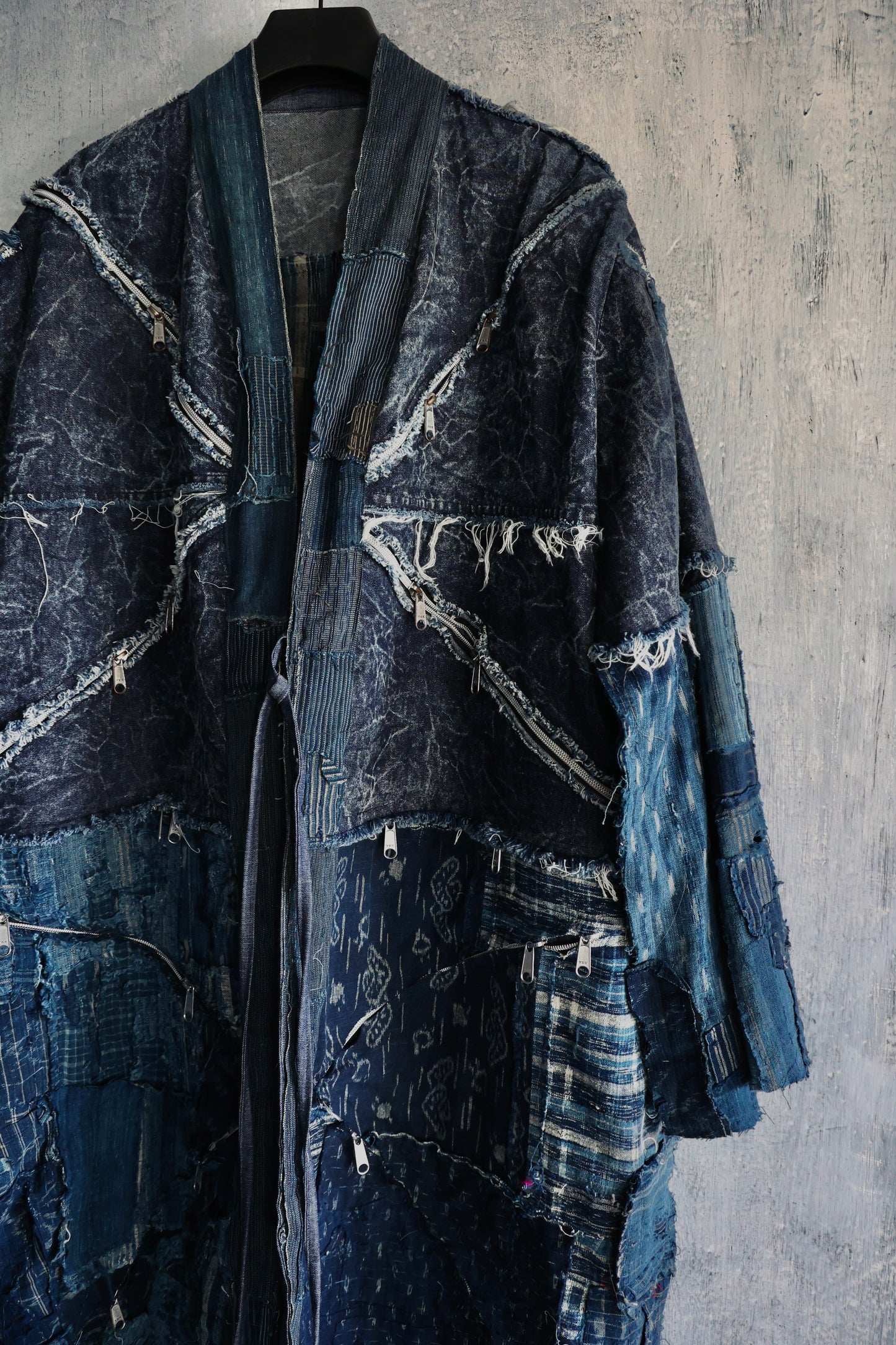 heavy washed zip up long denim kimono combined with Boro vintage japan fabric