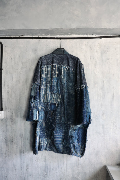 heavy washed zip up long denim kimono combined with Boro vintage japan fabric