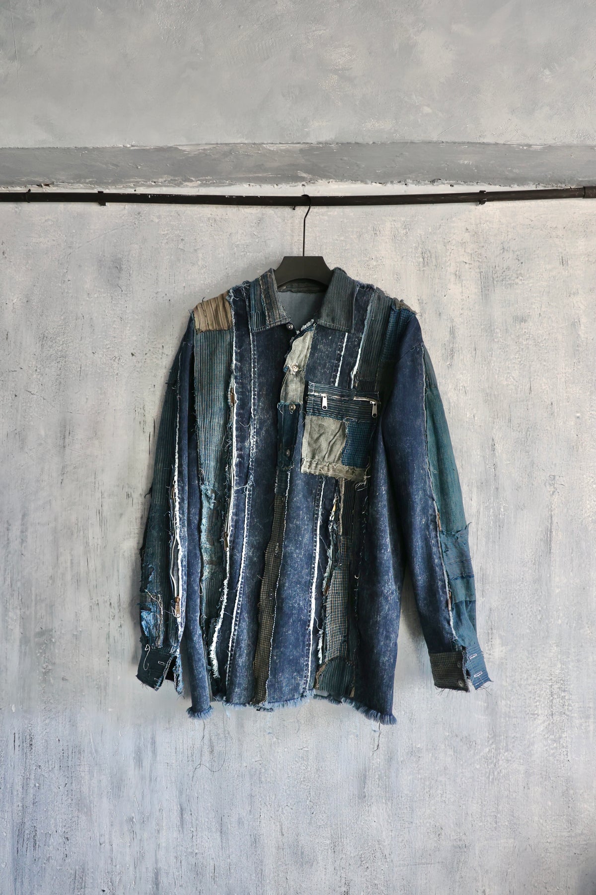 Washed denim shirt assembly with Boro vintage japan fabric