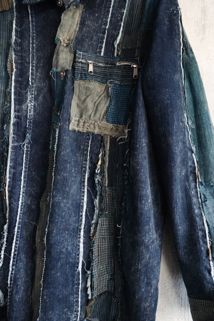 Washed denim shirt assembly with Boro vintage japan fabric