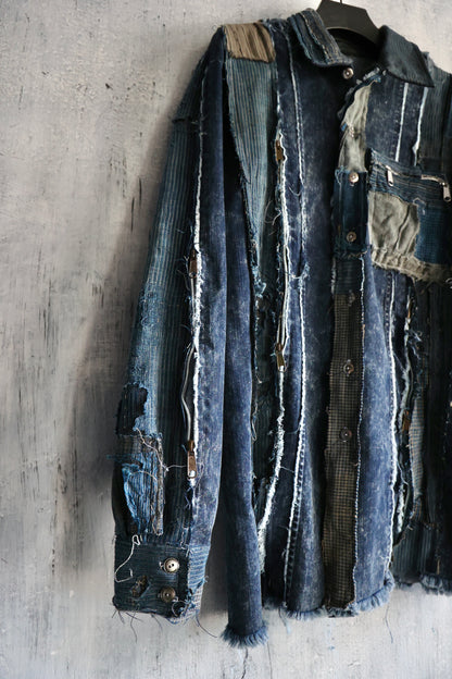 Washed denim shirt assembly with Boro vintage japan fabric