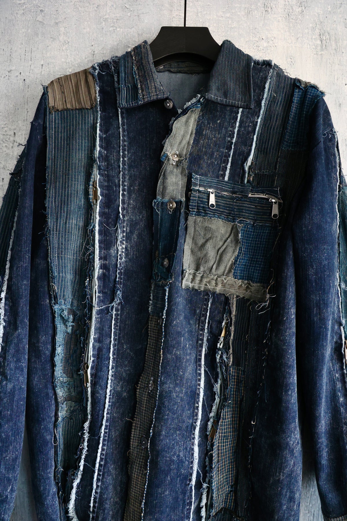 Washed denim shirt assembly with Boro vintage japan fabric