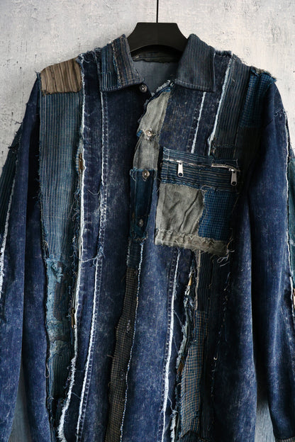 Washed denim shirt assembly with Boro vintage japan fabric
