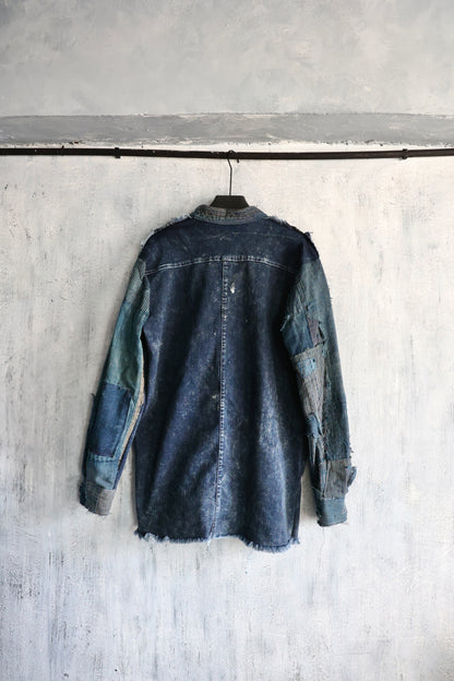 Washed denim shirt assembly with Boro vintage japan fabric