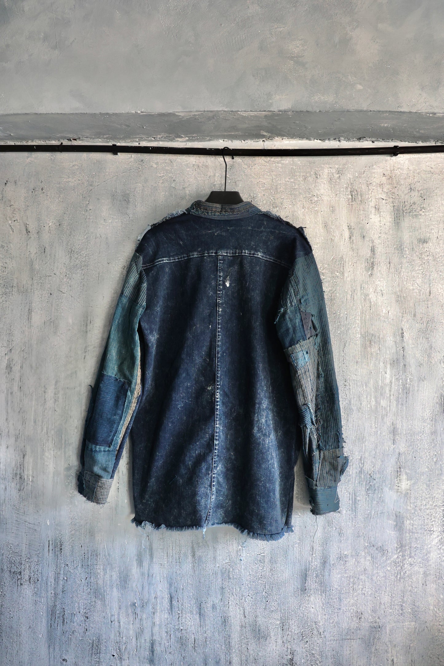 Washed denim shirt assembly with Boro vintage japan fabric