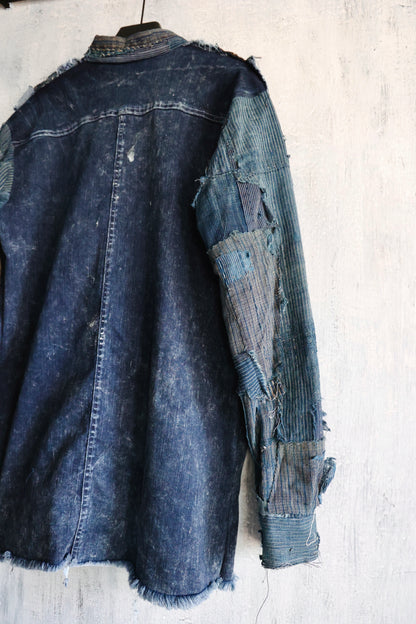 Washed denim shirt assembly with Boro vintage japan fabric