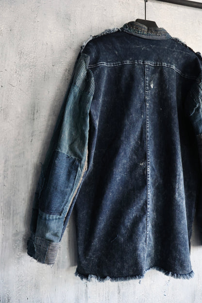 Washed denim shirt assembly with Boro vintage japan fabric