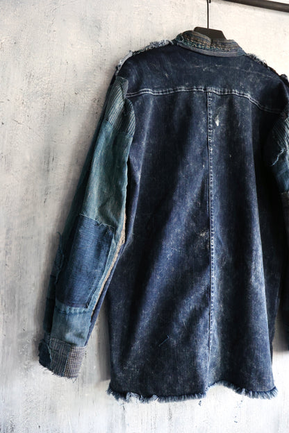 Washed denim shirt assembly with Boro vintage japan fabric