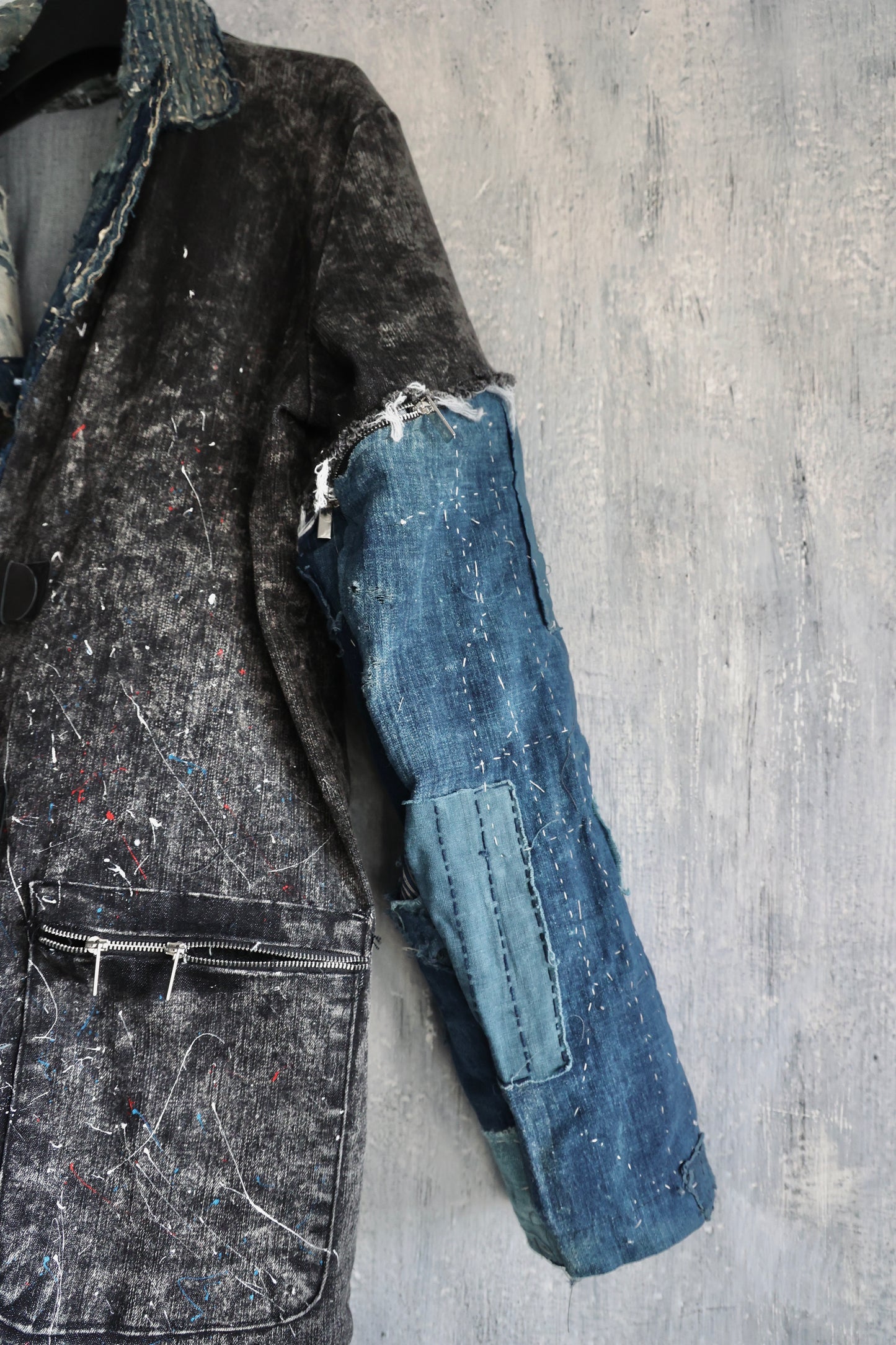 Washed denim jacket patched with Boro vintage japan textiles