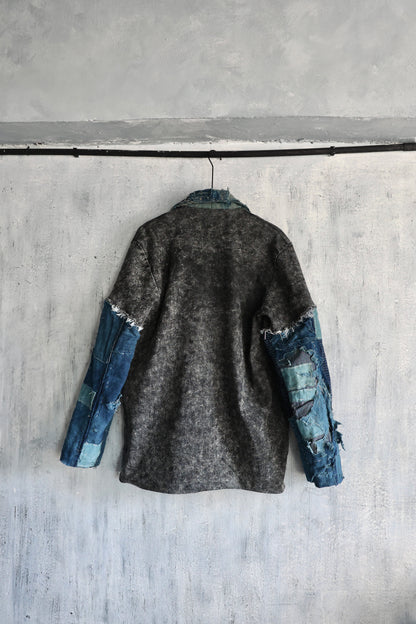 Washed denim jacket patched with Boro vintage japan textiles