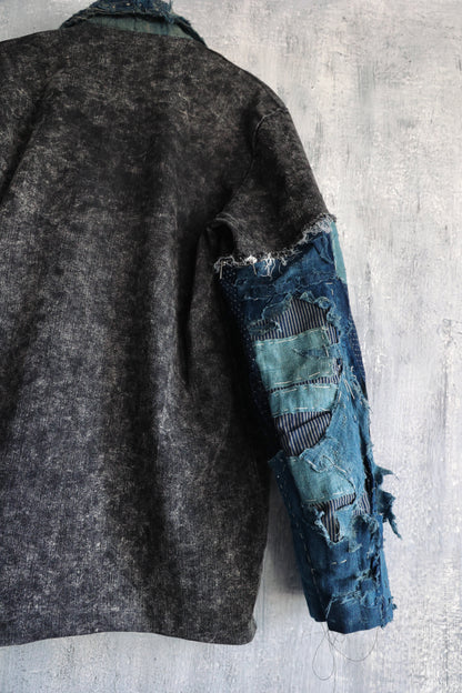 Washed denim jacket patched with Boro vintage japan textiles