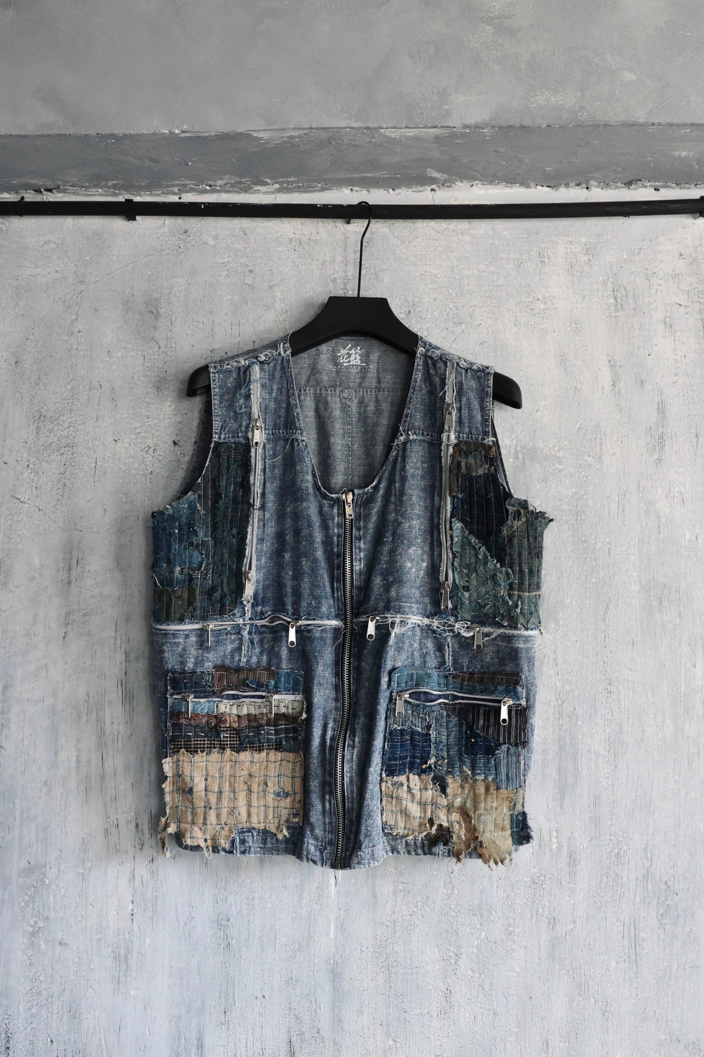 washed denim vest hand stitched with Boro the vintage japan textiles