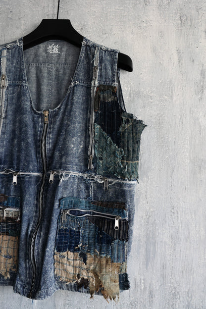 washed denim vest hand stitched with Boro the vintage japan textiles