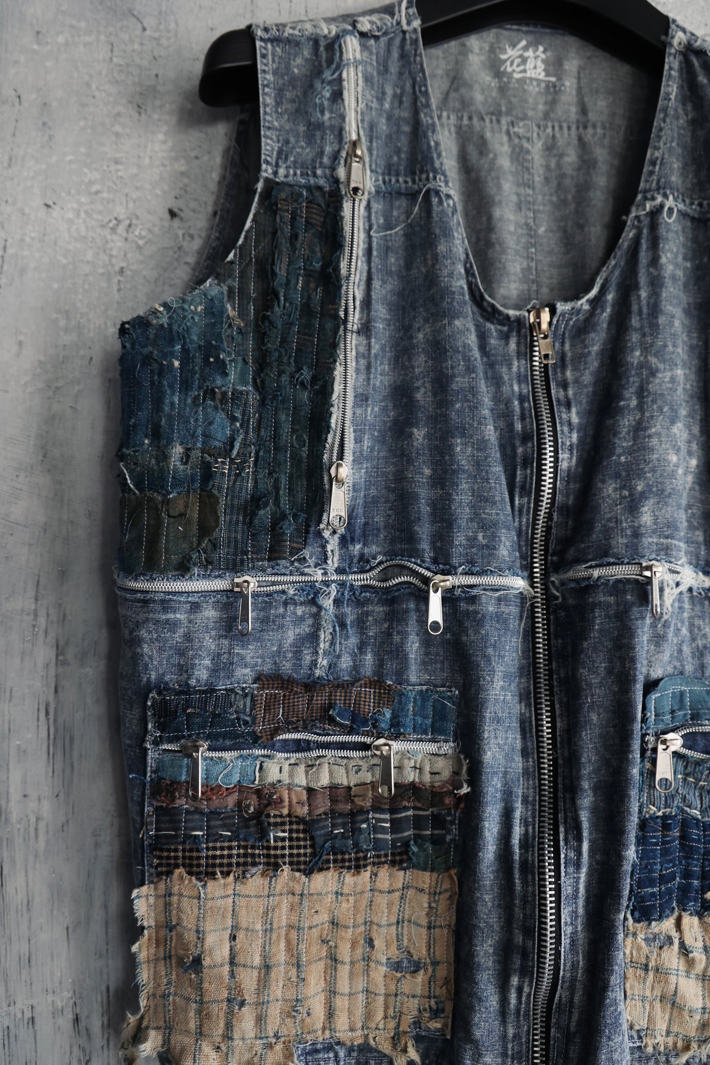 washed denim vest hand stitched with Boro the vintage japan textiles