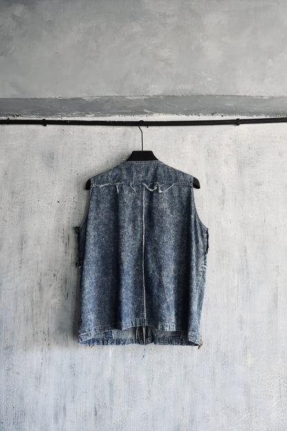 washed denim vest hand stitched with Boro the vintage japan textiles