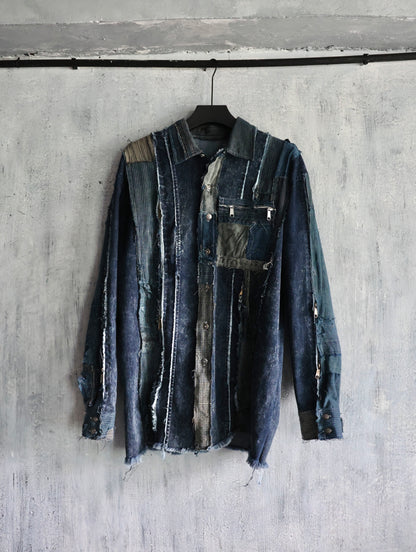 Washed denim shirt assembly with Boro vintage japan fabric