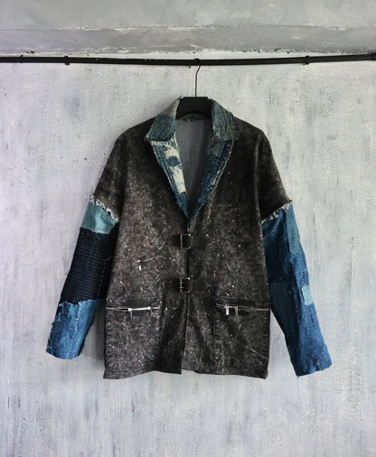 Washed denim jacket patched with Boro vintage japan textiles