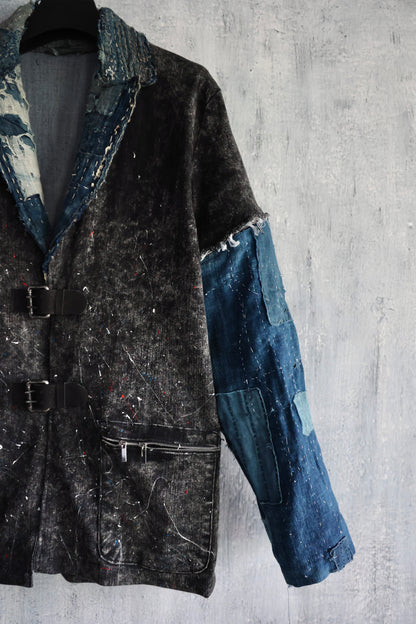 Washed denim jacket patched with Boro vintage japan textiles