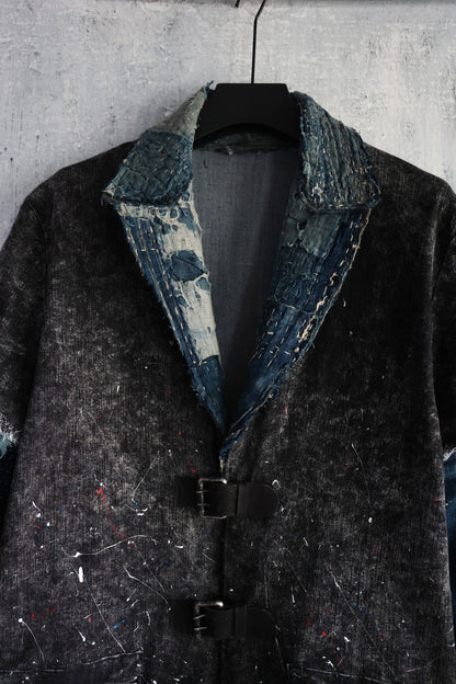 Washed denim jacket patched with Boro vintage japan textiles