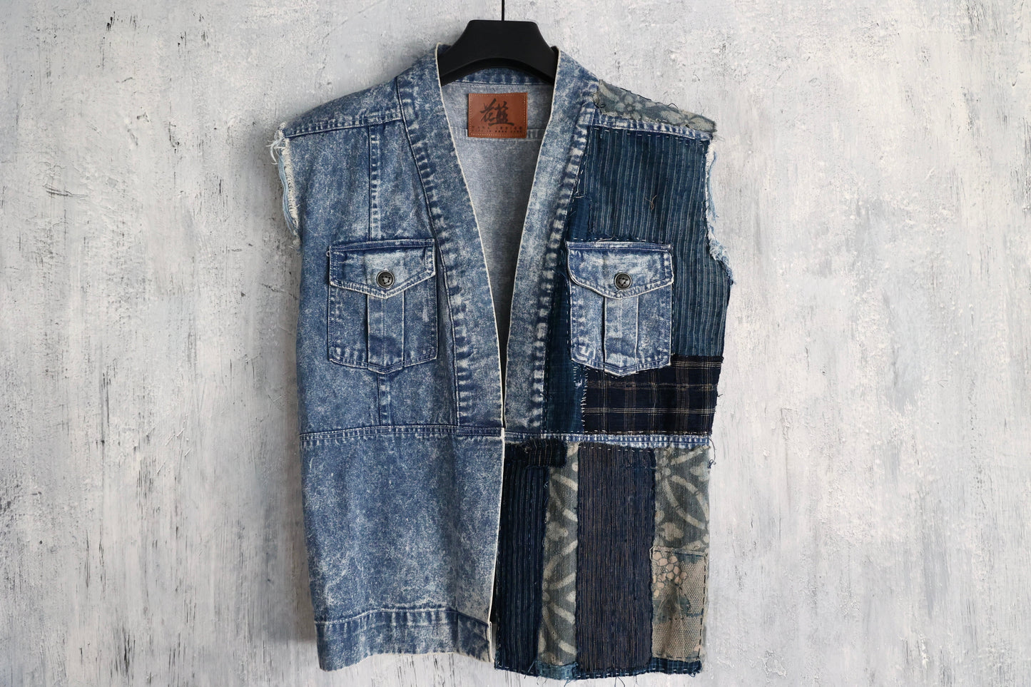 Front view of Washed Denim Boro Vest